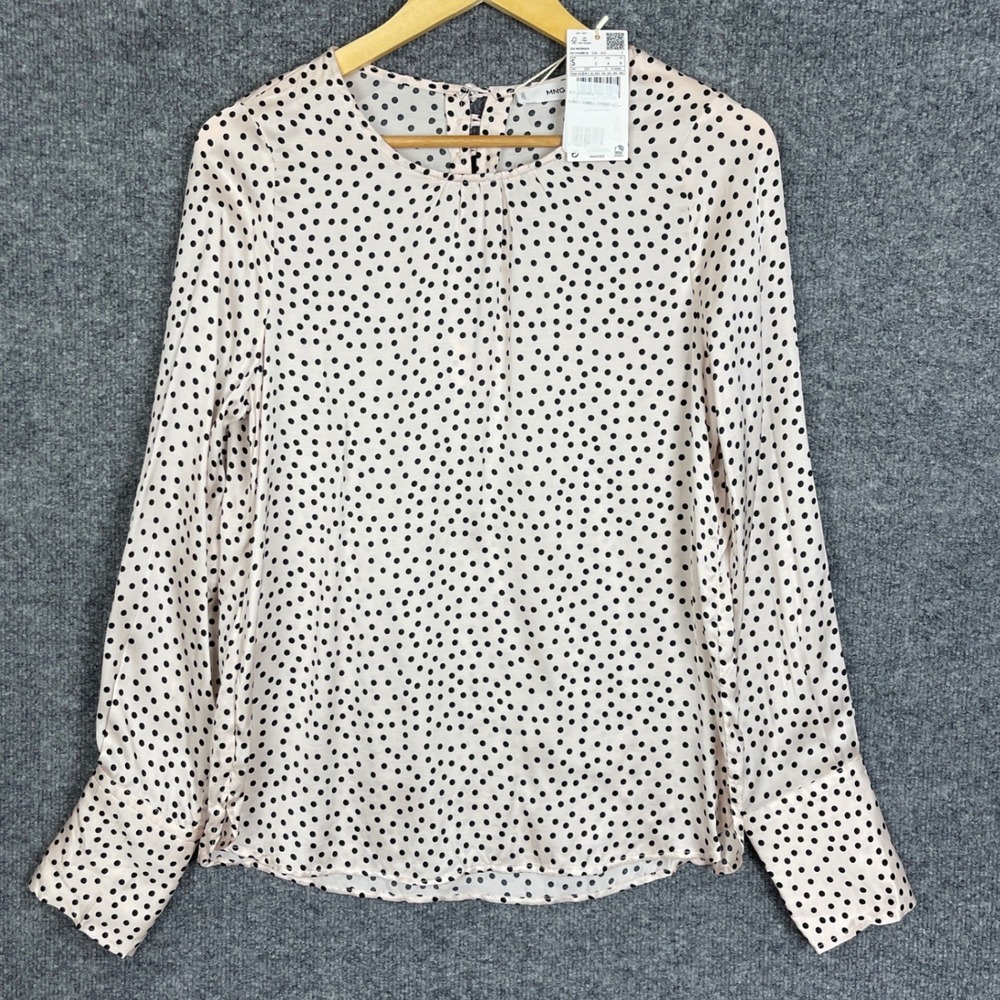 NEW Mango MNG Blouse 4 Pink New Polka Dot Long Sleeve Keyhole Back Satin Finish